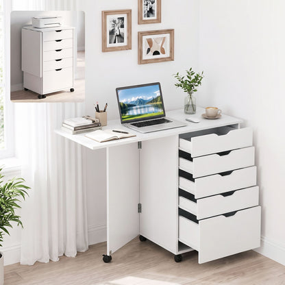 Folding Desk with Storage Drawers and Wheels for Dorms Apartments-Black