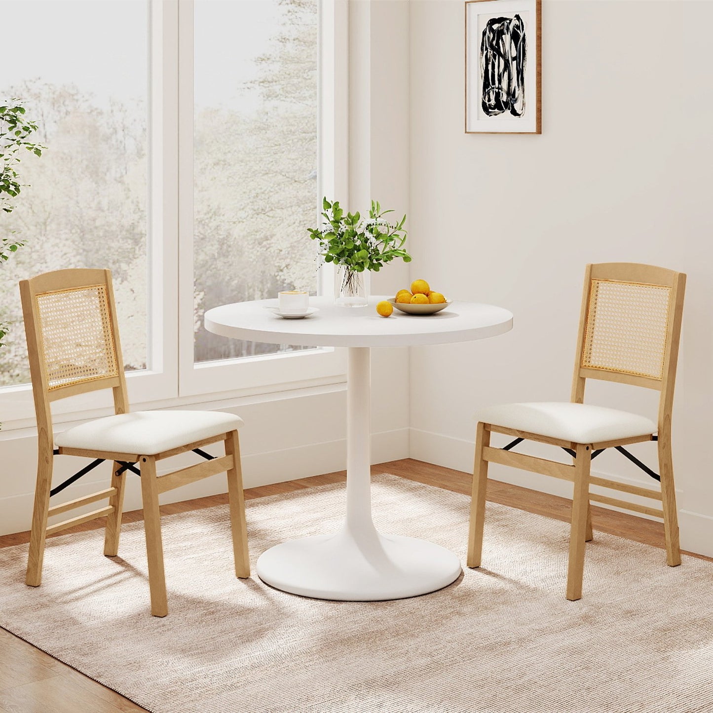Folding Dining Chairs Set of 2 Rubber Wood Chairs with Linen Padded Seat-Coffee