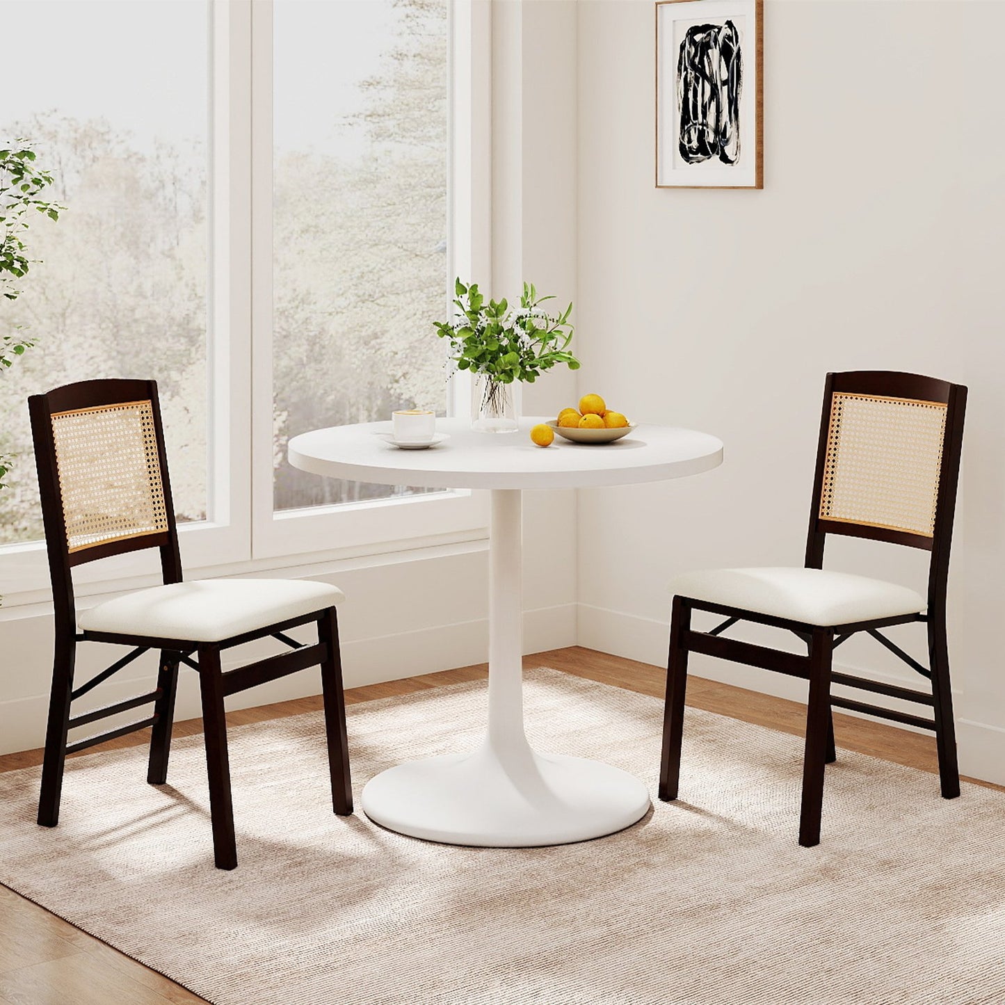 Folding Dining Chairs Set of 2 Rubber Wood Chairs with Linen Padded Seat-Coffee