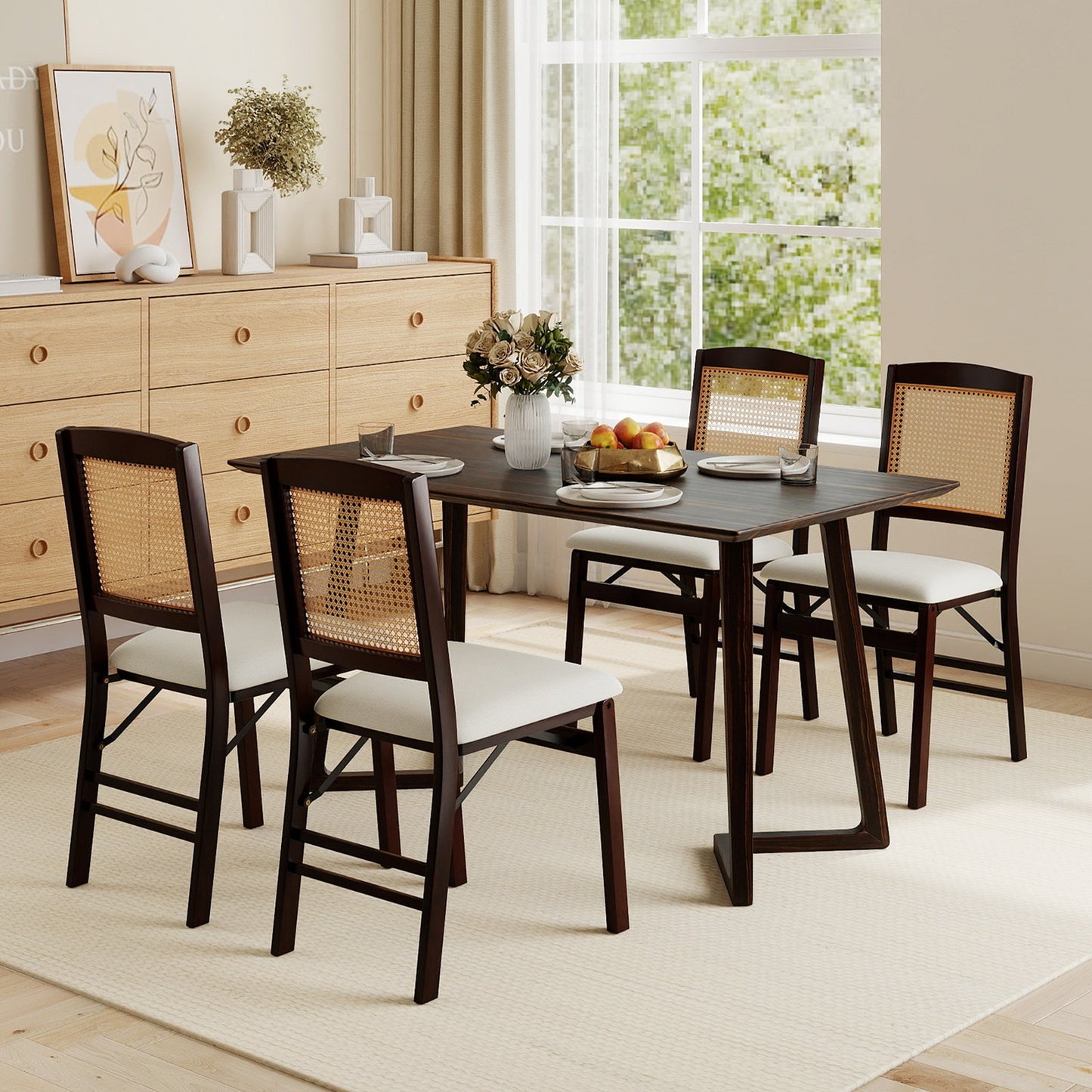 Folding Dining Chairs Set of 4 Rubber Wood Chairs with Linen Padded Seat-Coffee