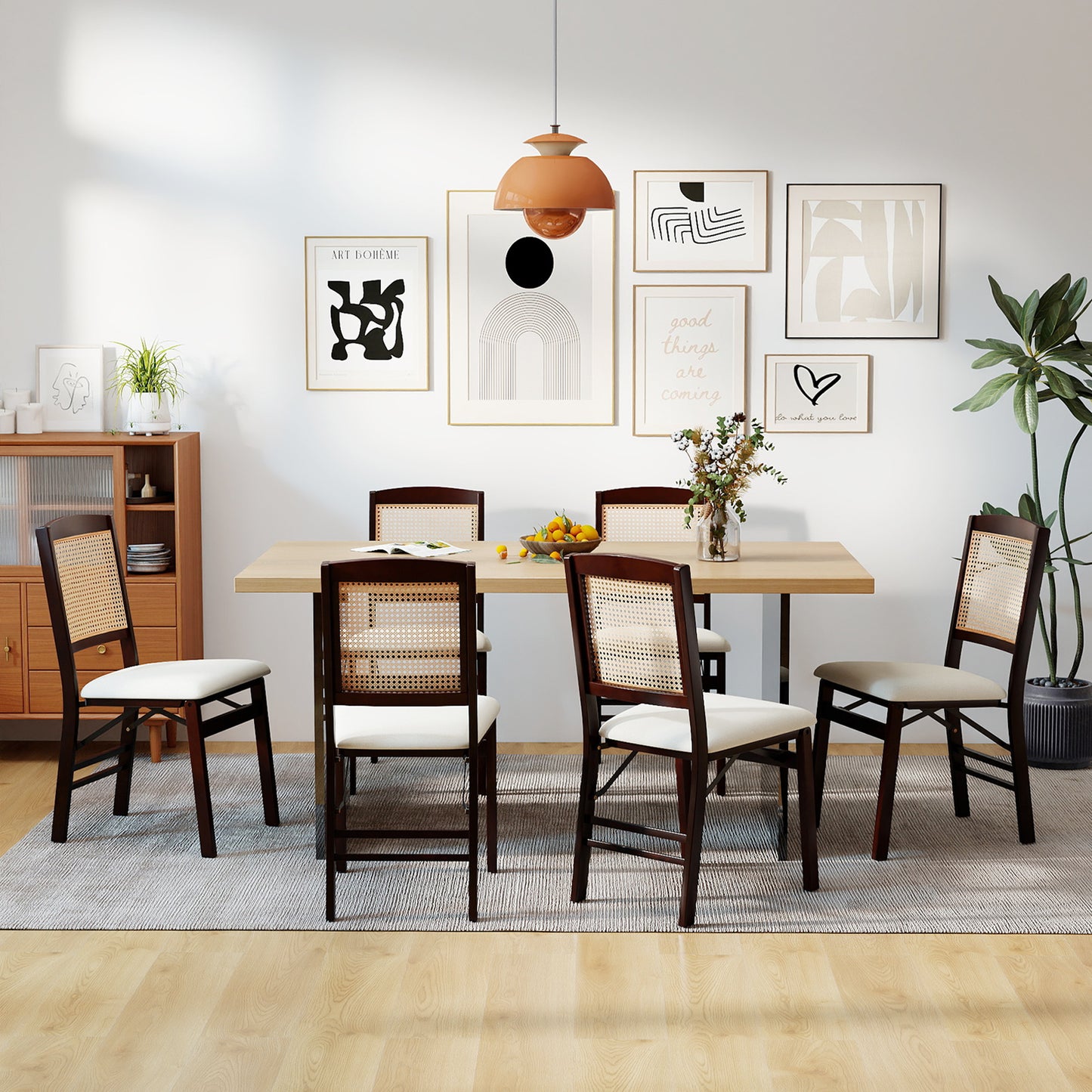 Folding Dining Chairs Set of 4 Rubber Wood Chairs with Linen Padded Seat-Coffee