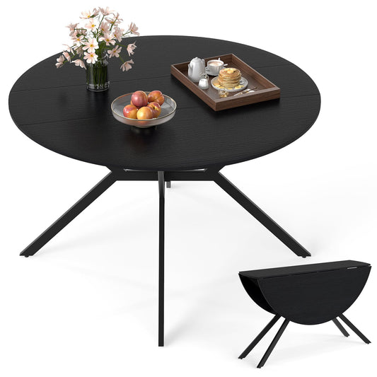 Folding Dining Table 47 Inch Extendable Round Kitchen Table with Drop Leaves-Black