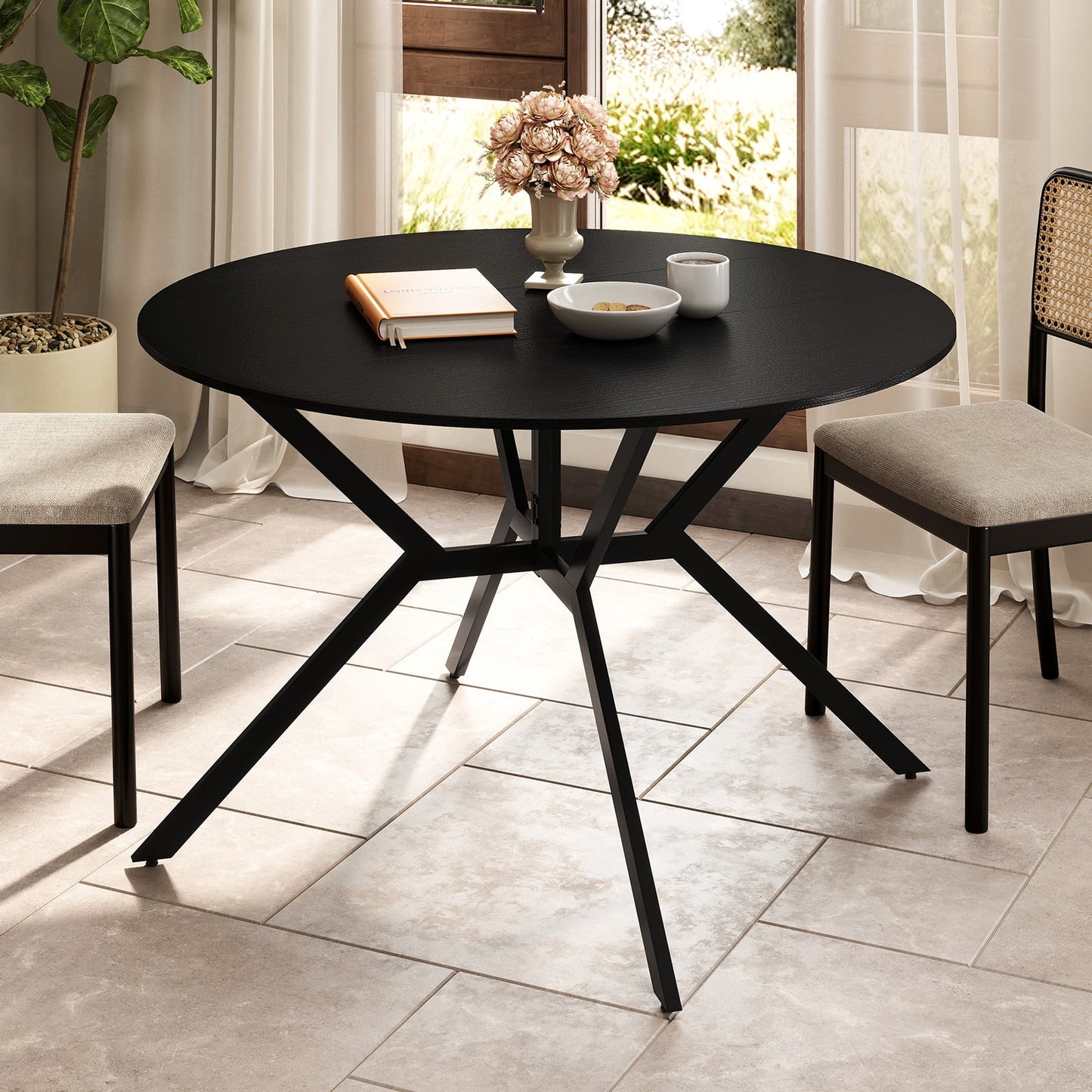 Folding Dining Table 47 Inch Extendable Round Kitchen Table with Drop Leaves-Black
