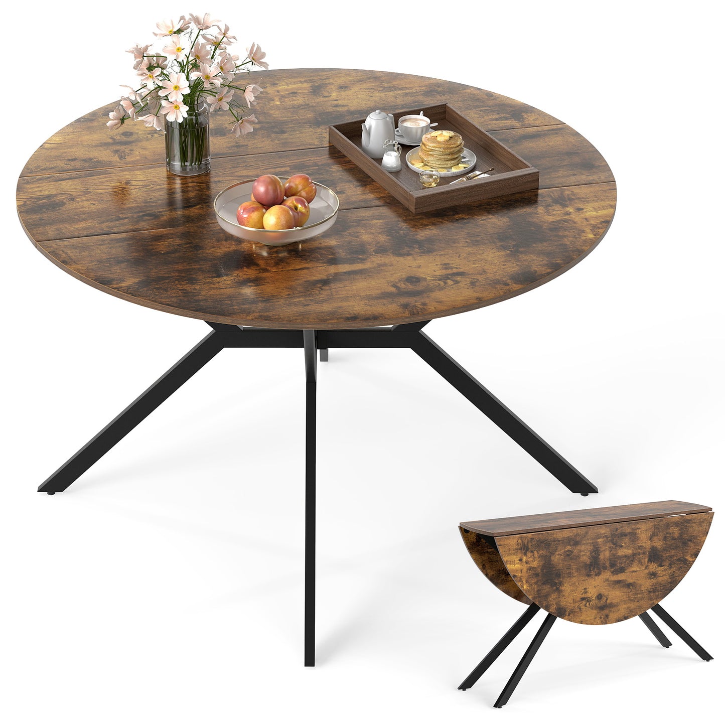 Folding Dining Table 47 Inch Extendable Round Kitchen Table with Drop Leaves-Black