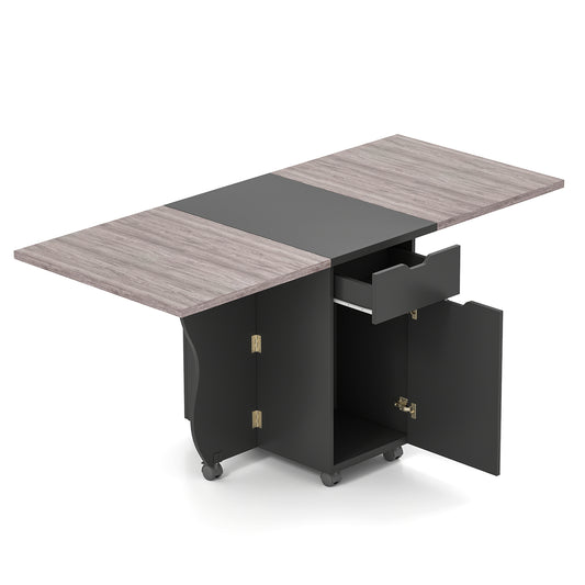 Folding Dining Table 3-in-1 Space-Saving Drop Leaf Kitchen Table with Lockable Wheels-Black