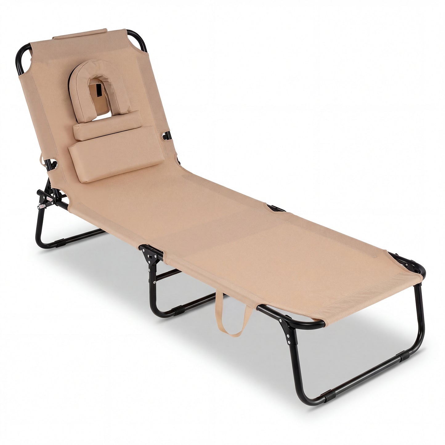 Folding Face Down Tanning Chair with Face Hole 3 Removable Pillows-Beige