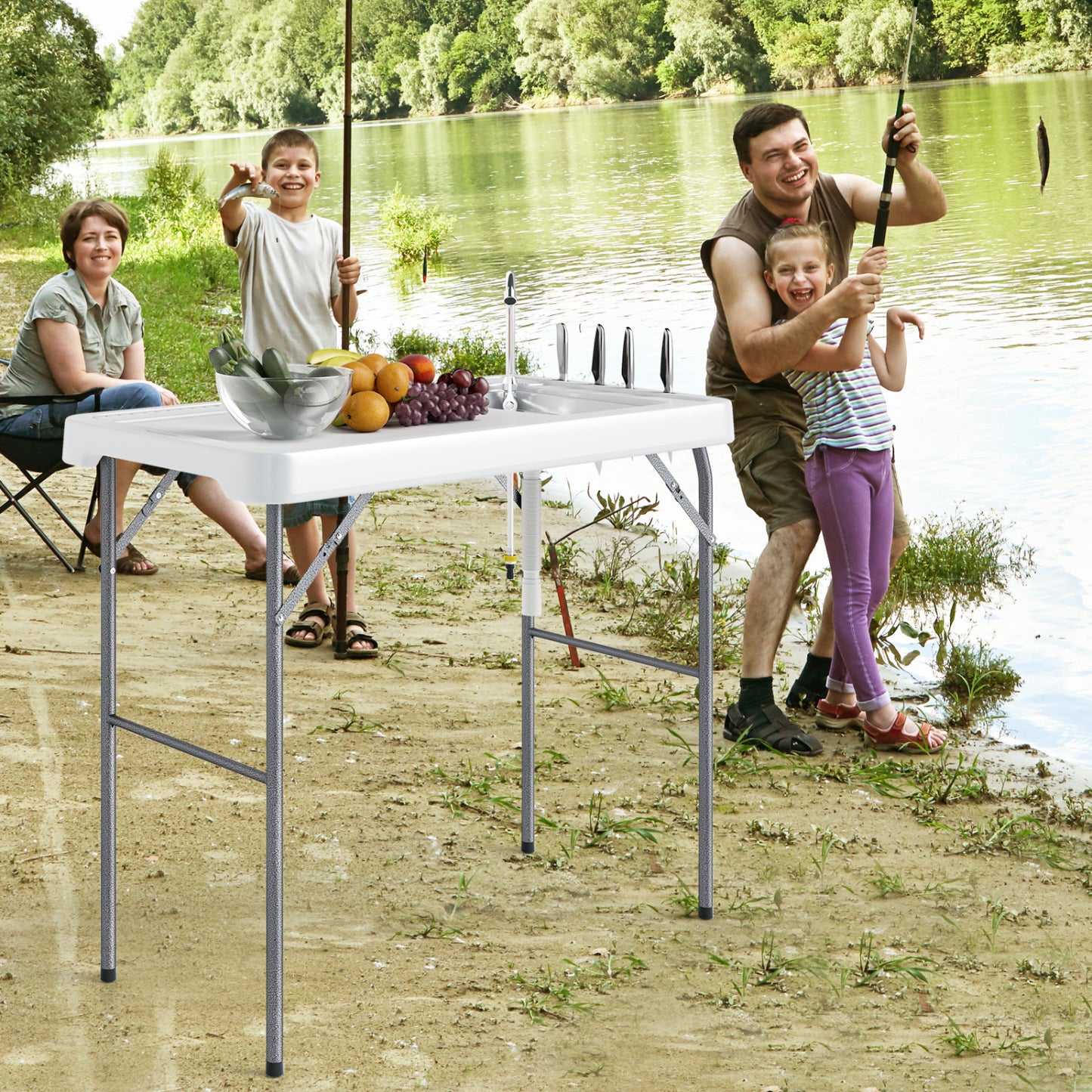 Folding Fish Cleaning Table with Rotatable Faucet & Drainage Hose for Fishing