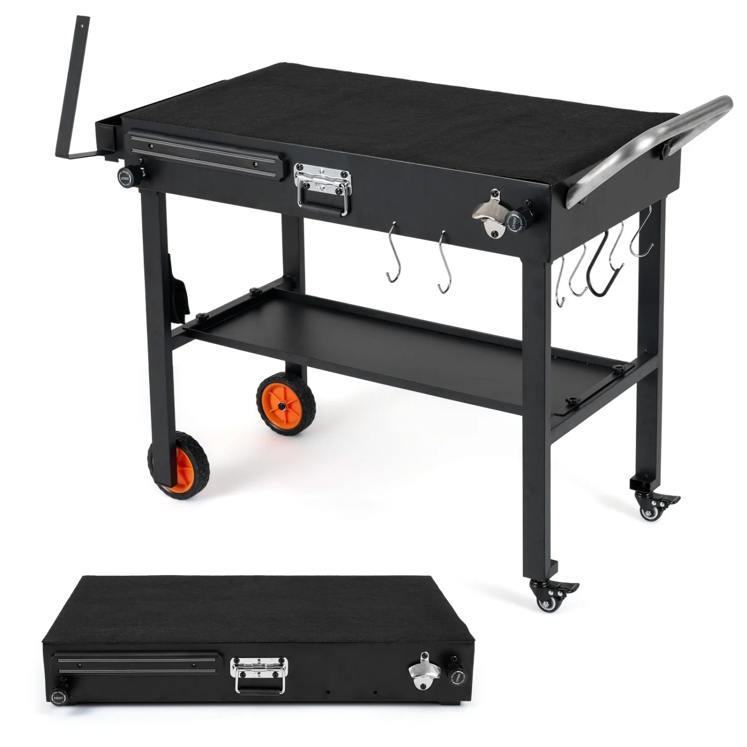 Foldable grill cart for 17 and 22 inch outdoor griddles with heat-resistant mat, designed for outdoor grilling convenience.