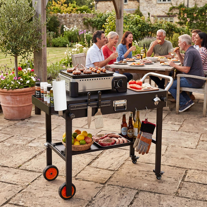 Folding grill cart for 17 and 22 inch outdoor griddles with heat-resistant mat, perfect for outdoor grill setup.