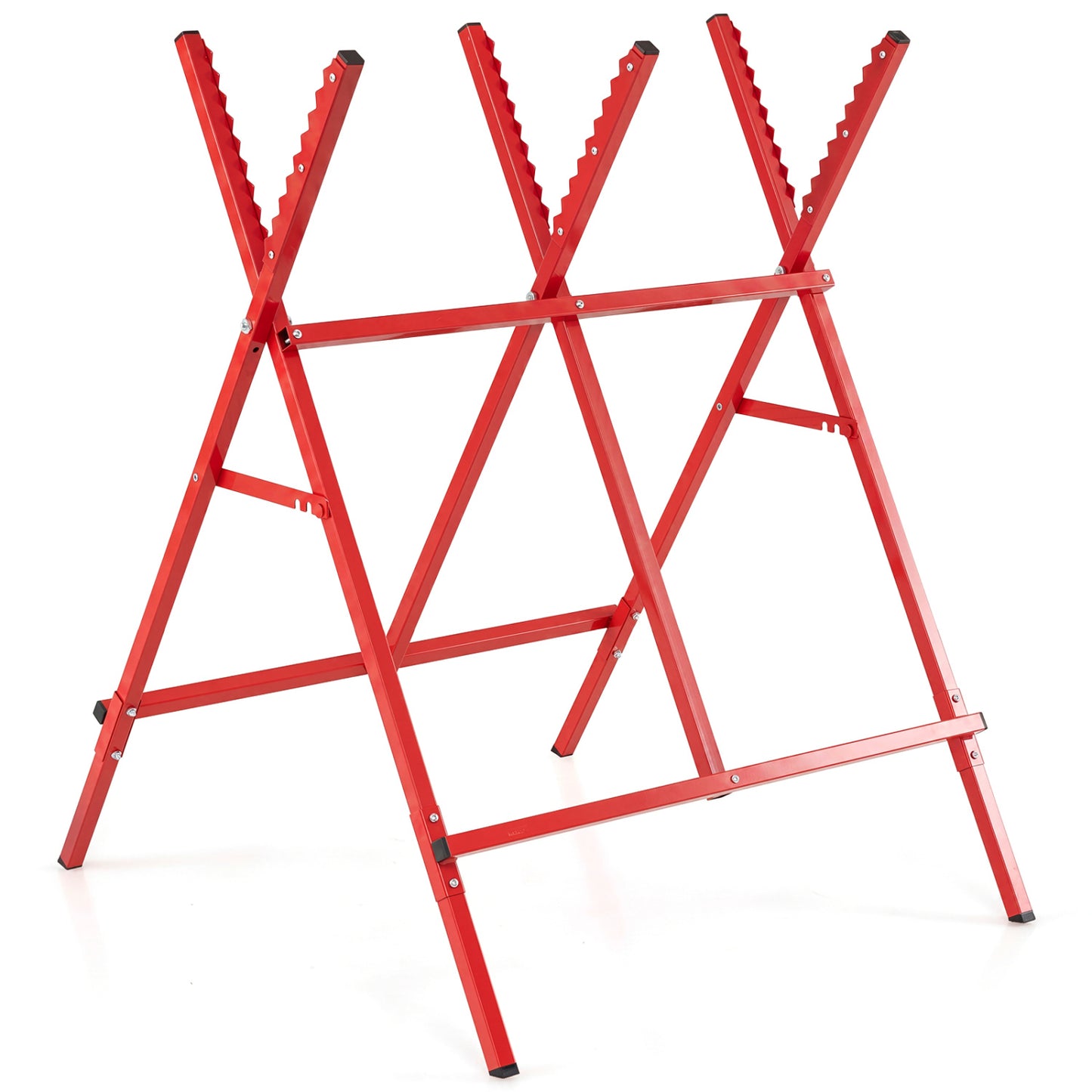 Black folding log saw horse with anti-slip sawteeth and non-slip foot pads, heavy-duty outdoor storage support.