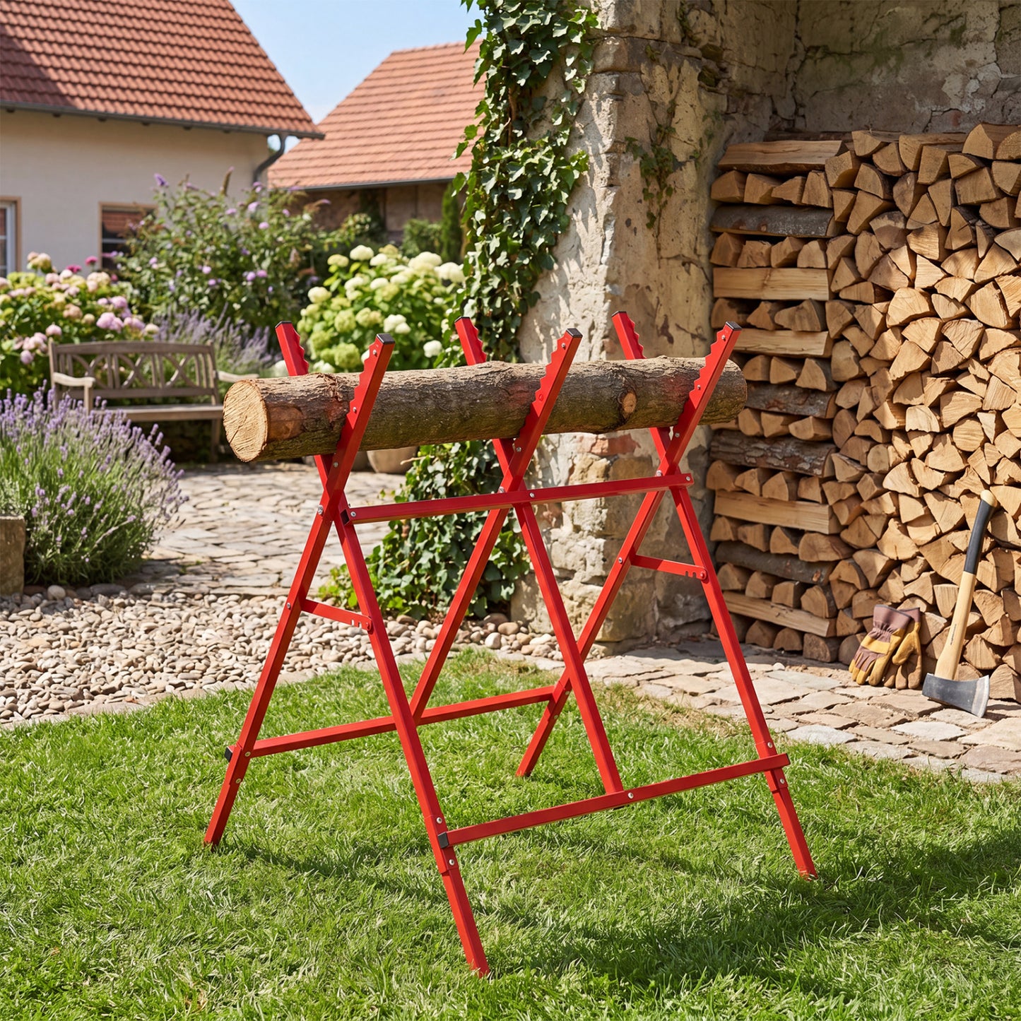 Black folding log saw horse with anti-slip sawteeth and non-slip foot pads, heavy-duty outdoor storage and garage equipment.