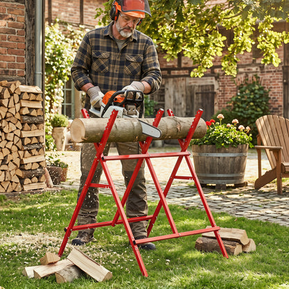 Black folding log saw horse with anti-slip sawteeth and non-slip foot pads, heavy-duty outdoor storage support.