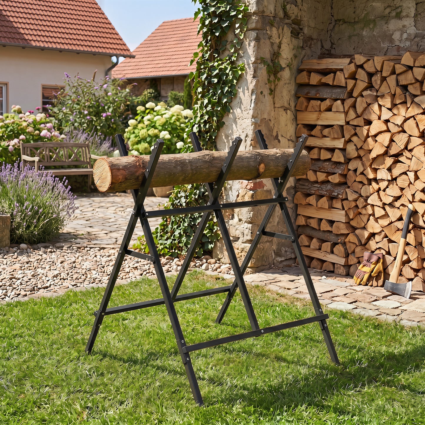 Black folding log saw horse with anti-slip sawteeth and non-slip foot pads, ideal for outdoor storage and heavy-duty use.