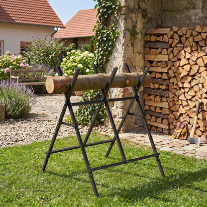 Black folding log saw horse with anti-slip sawteeth and non-slip foot pads, ideal for outdoor storage and heavy-duty use.