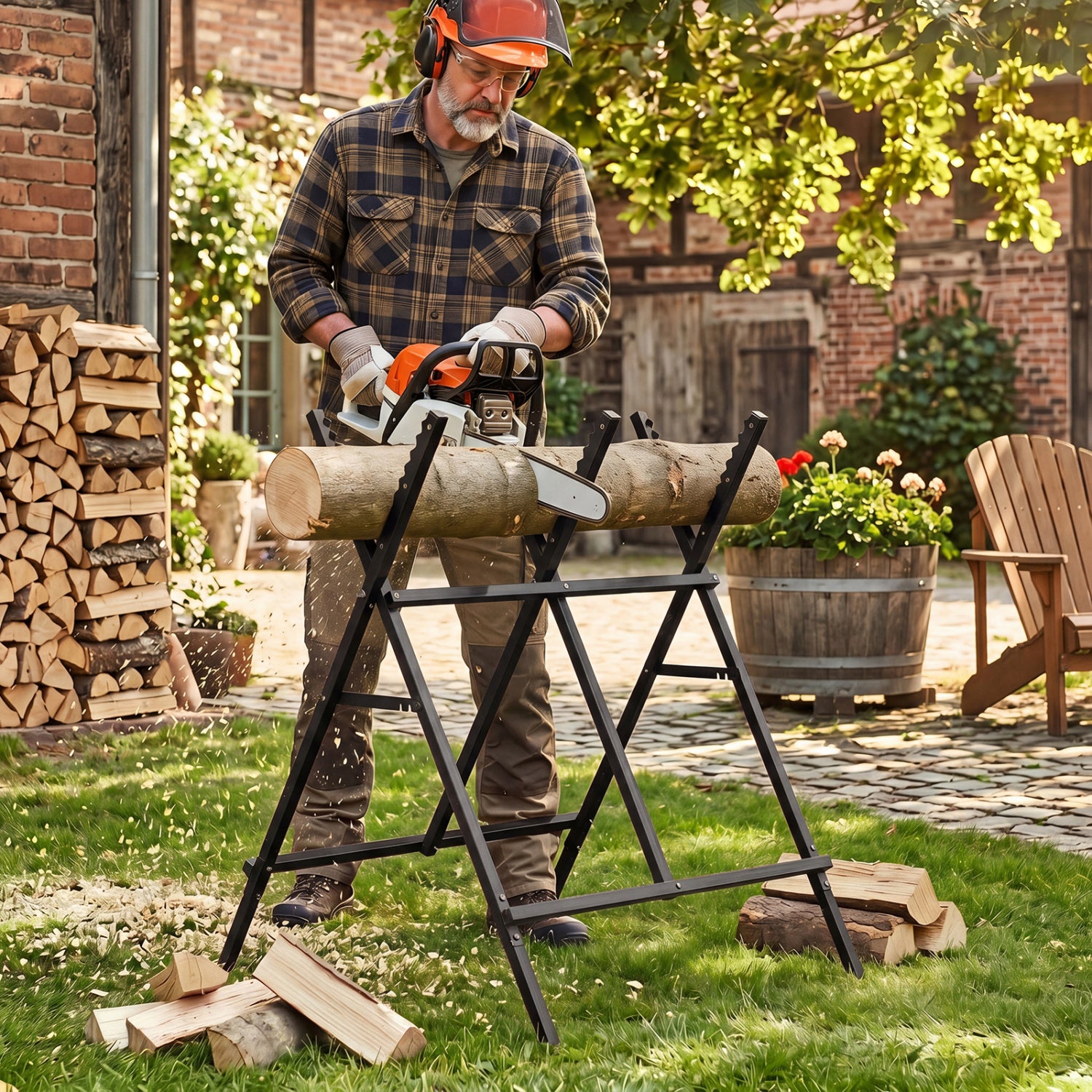 Black folding log saw horse with anti-slip sawteeth and non-slip foot pads, heavy-duty outdoor storage support.