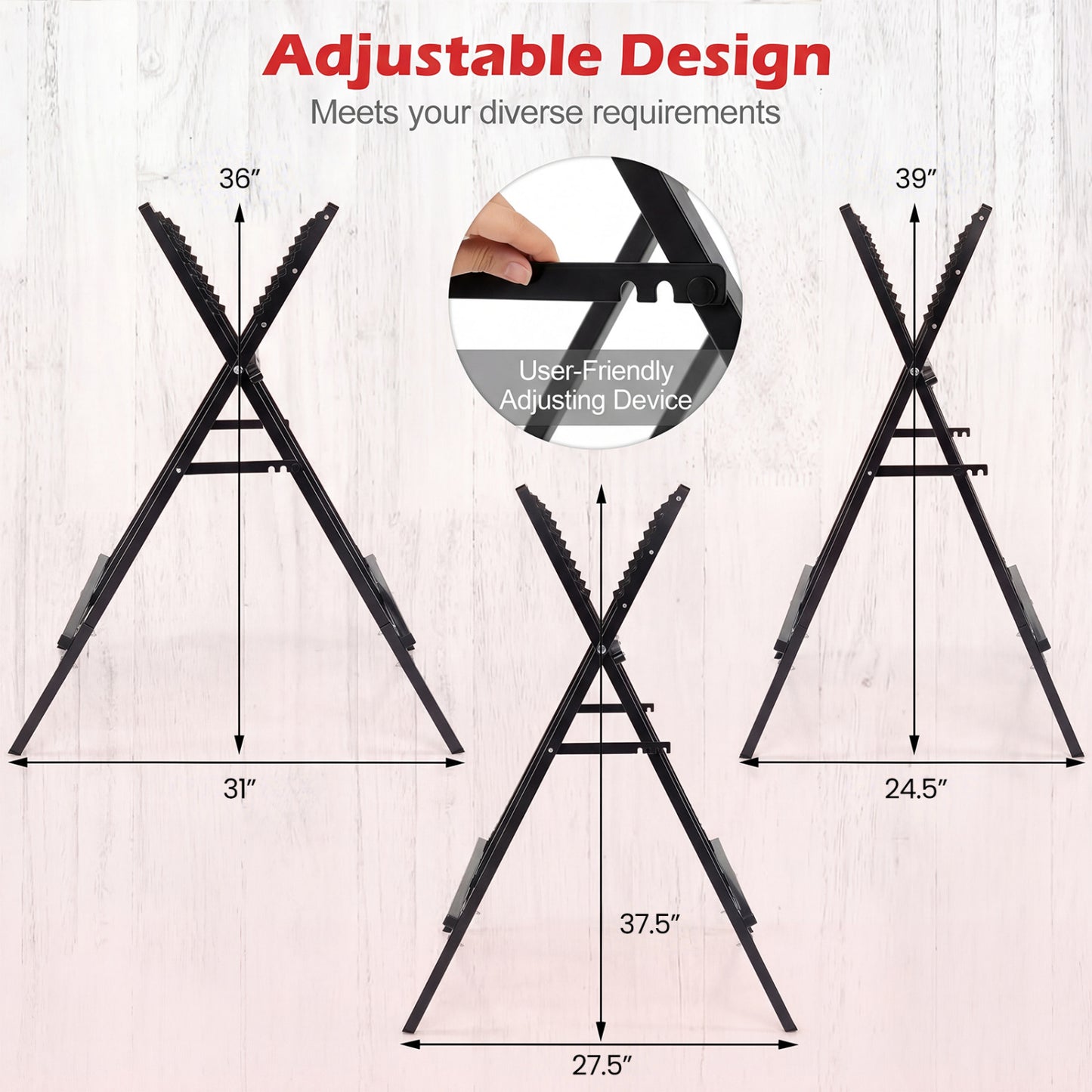 Black folding log saw horse with anti-slip sawteeth and non-slip foot pads, heavy-duty outdoor storage support.