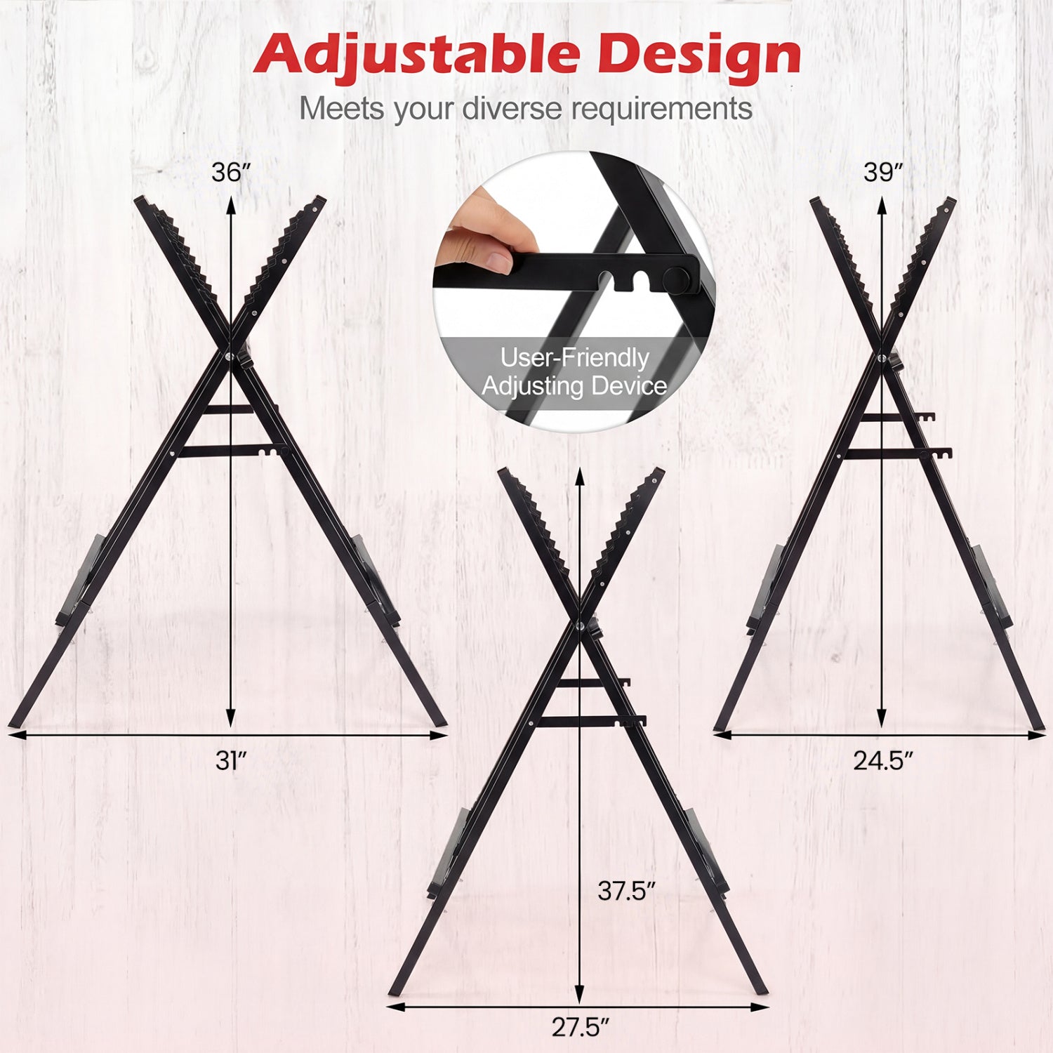 Black folding log saw horse with anti-slip sawteeth and non-slip foot pads, heavy-duty outdoor storage support.