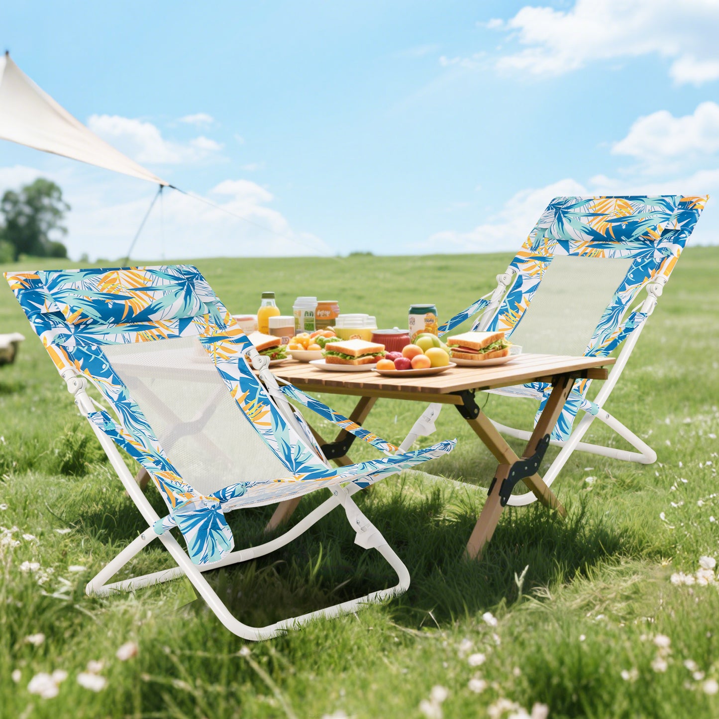 Folding Low Beach Chair Set of 2 Patio Sling Chairs with Padded Head Pillow-Blue