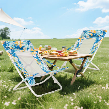 Folding Low Beach Chair Set of 2 Patio Sling Chairs with Padded Head Pillow-Blue
