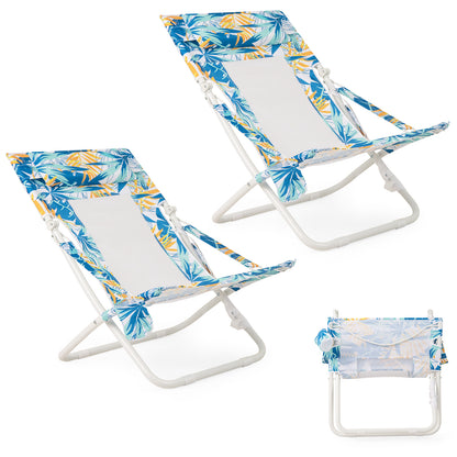 Folding Low Beach Chair Set of 2 Patio Sling Chairs with Padded Head Pillow-Blue