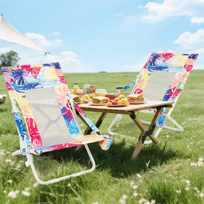 Folding Low Beach Chair Set of 2 Patio Sling Chairs with Padded Head Pillow-Blue
