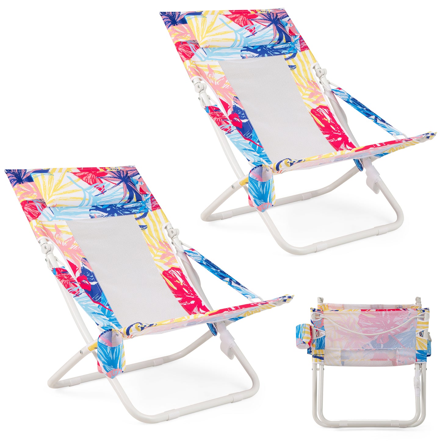 Folding Low Beach Chair Set of 2 Patio Sling Chairs with Padded Head Pillow-Blue