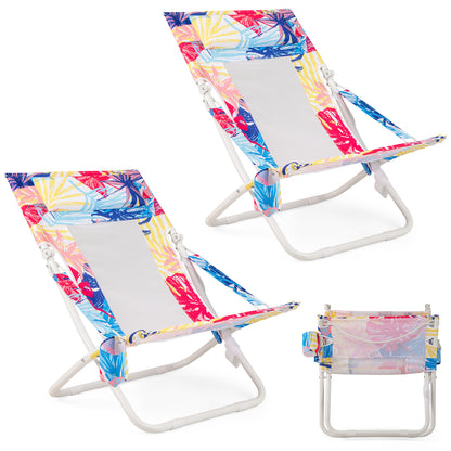 Folding Low Beach Chair Set of 2 Patio Sling Chairs with Padded Head Pillow-Blue