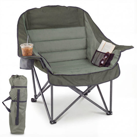 Folding Oversized Camping Chair with Side Pockets and Cup Holder-Green