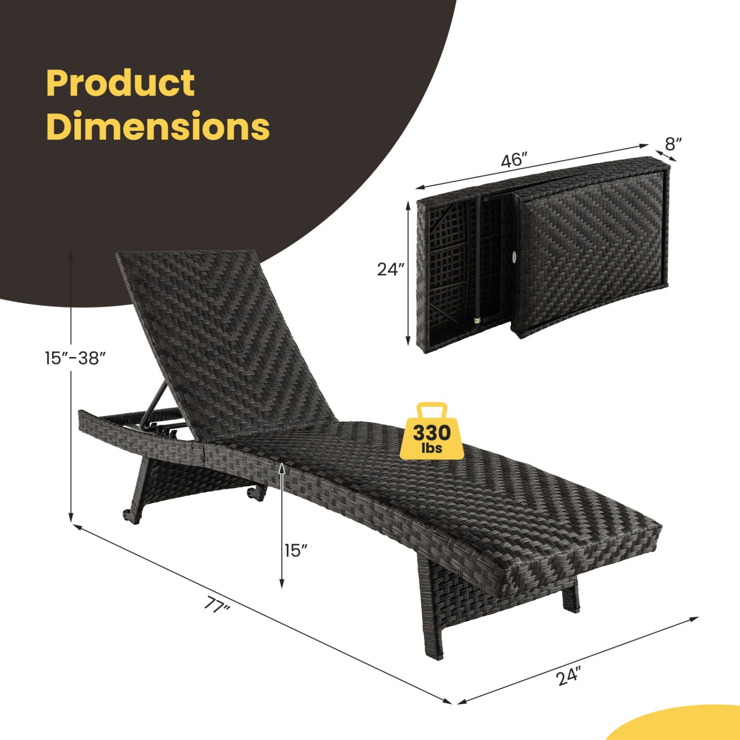 Pair of folding padded rattan patio chaise lounges with adjustable backs for outdoor seating, featuring comfortable cushions.