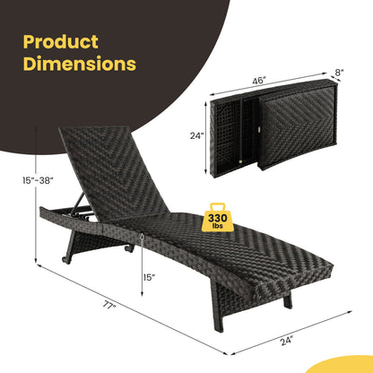 Pair of folding padded rattan patio chaise lounges with adjustable backs for outdoor seating, featuring comfortable cushions.