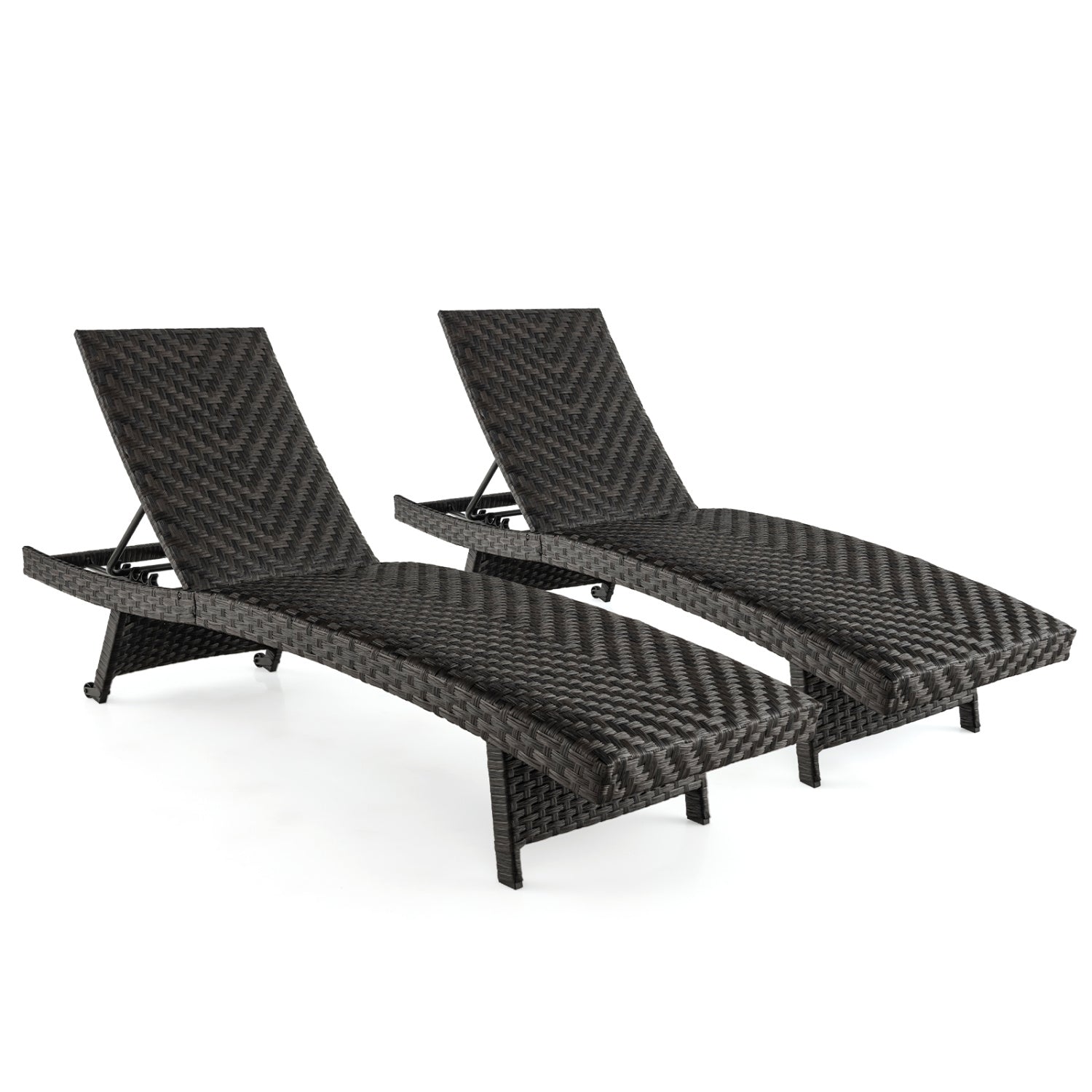 Set of two folding padded rattan patio chaise lounges with adjustable backrests for outdoor relaxation.