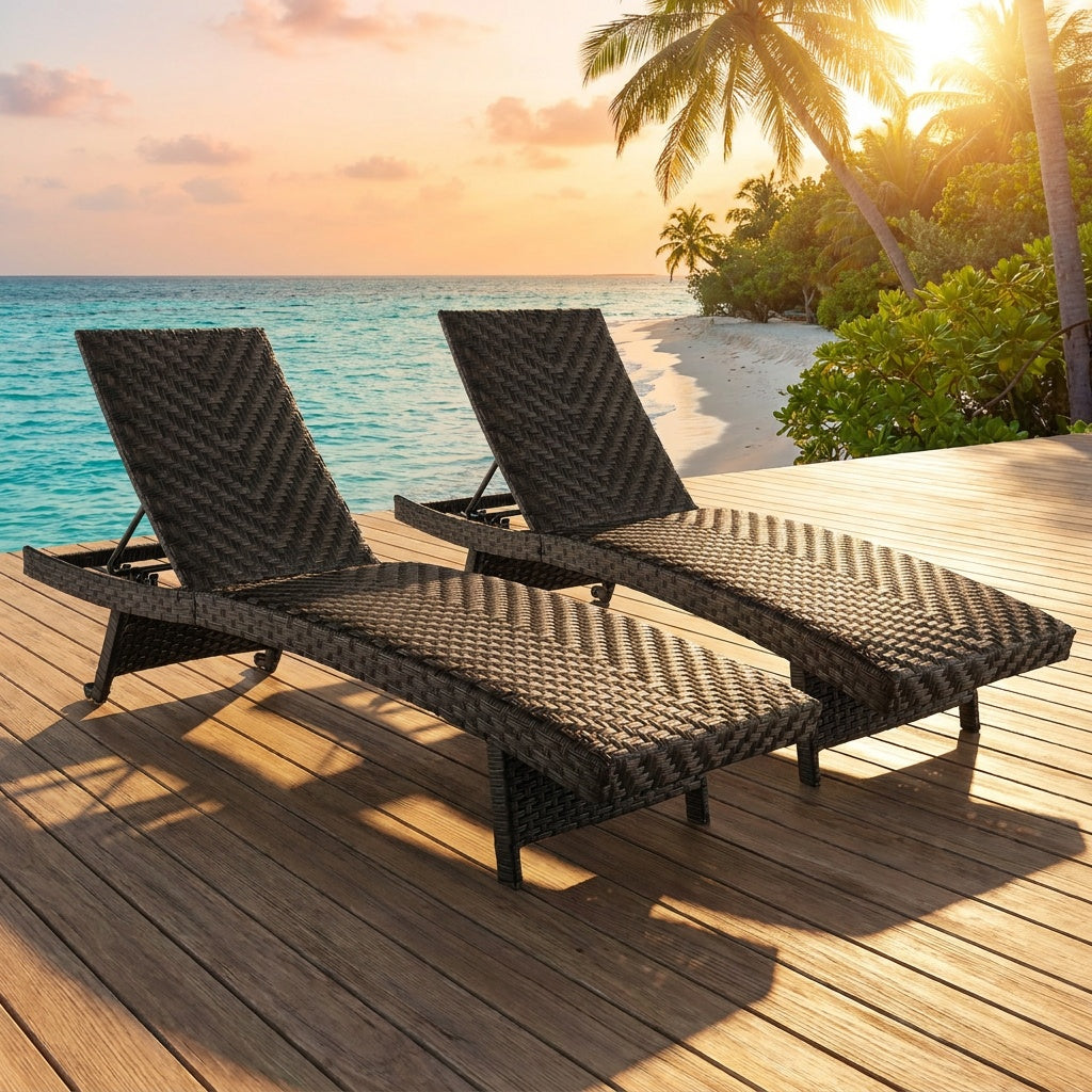 Set of two folding padded rattan patio chaise lounges with adjustable backs for outdoor seating, designed for comfort and style.