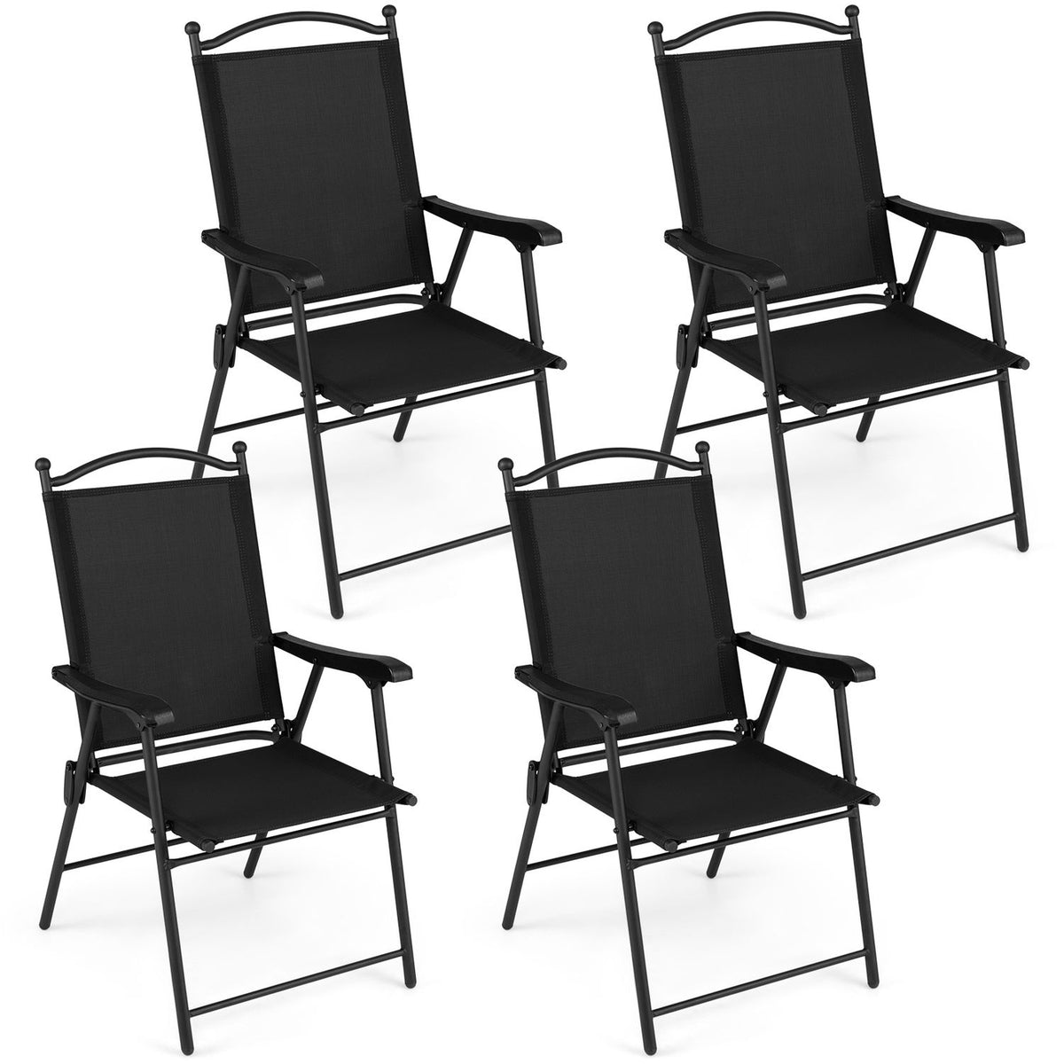 Set of four black folding outdoor patio chairs with armrests and high backs, ideal for lawn and deck seating.