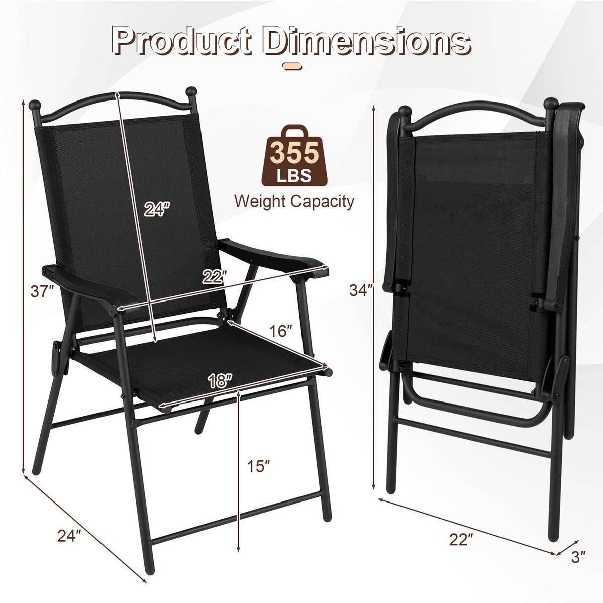 Set of four black folding outdoor patio chairs with armrests and high backs, ideal for lawn and deck seating.