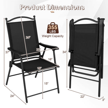 Set of four black folding outdoor patio chairs with armrests and high backs, ideal for lawn and deck seating.