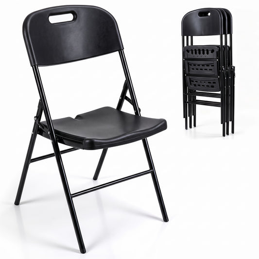 Set of four black folding plastic chairs with HDPE backrests and seats, suitable for indoor and outdoor dining events.