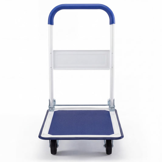 Blue folding platform hand truck with collapsible bed and four wheels, ideal for warehouse moving and outdoor storage tasks.