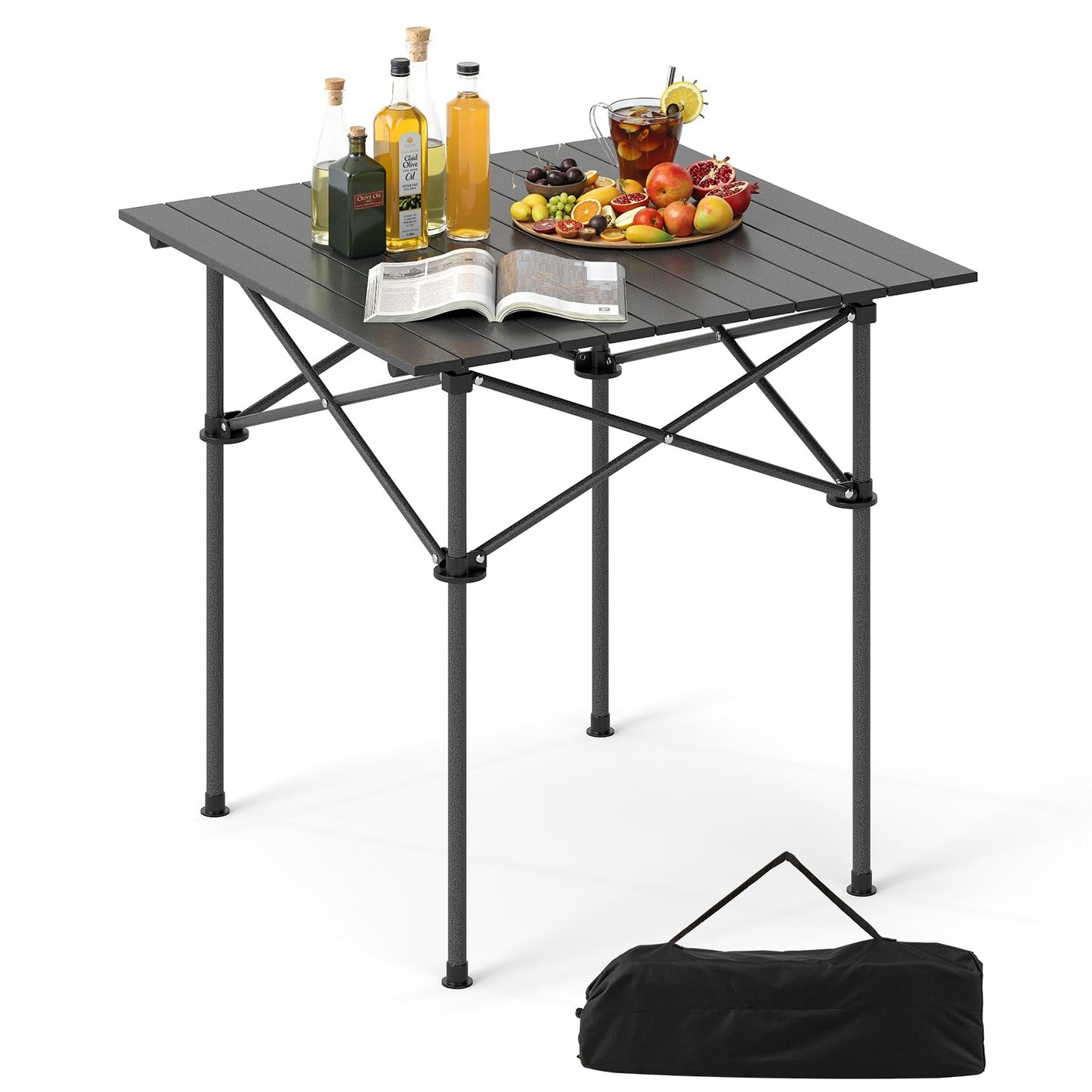 Folding Roll-up Camping Table with Metal Legs-Black