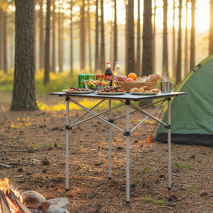 Folding Roll-up Camping Table with Metal Legs-Black