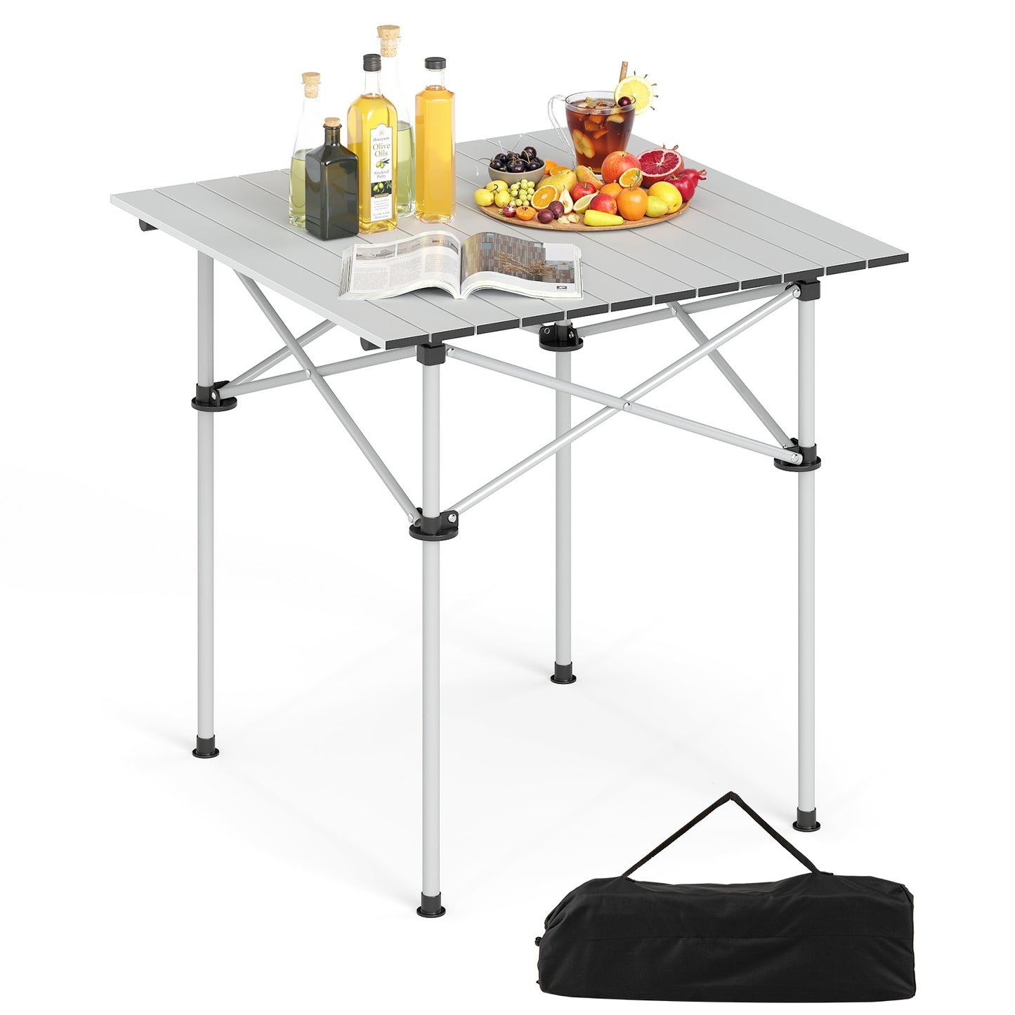 Folding Roll-up Camping Table with Metal Legs-Black