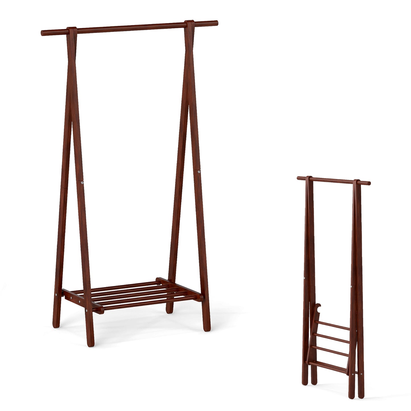 Folding Rubber Wood Clothes Hanging Rack Standing Garment Rack with Bottom Storage Shelf-Walnut