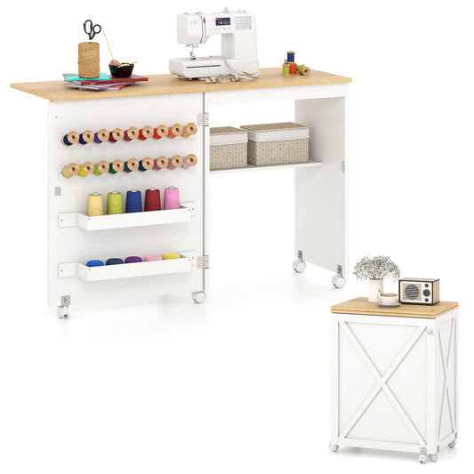 Folding Sewing Table with Storage Shelf and 5 Lockable Wheel-Natural and White