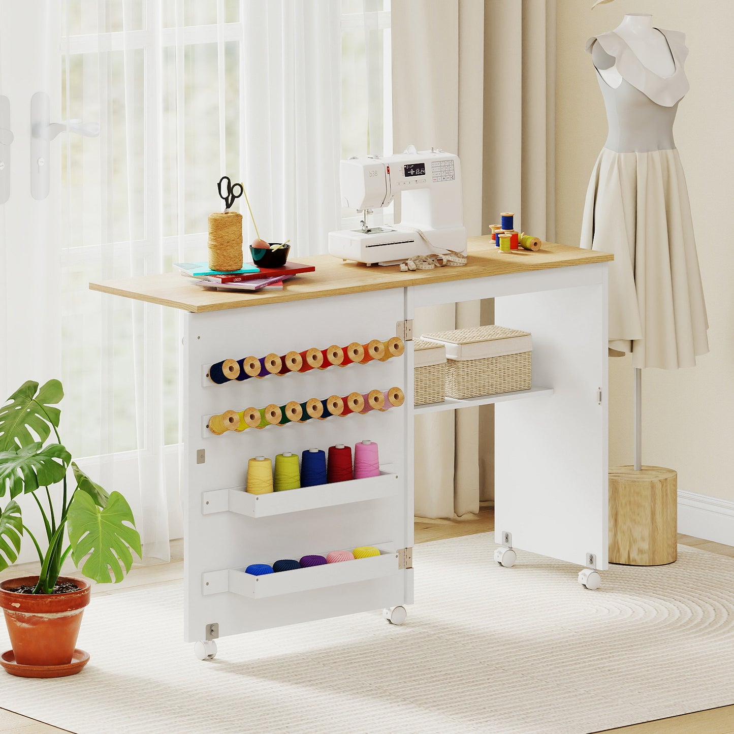 Folding Sewing Table with Storage Shelf and 5 Lockable Wheel-Natural and White