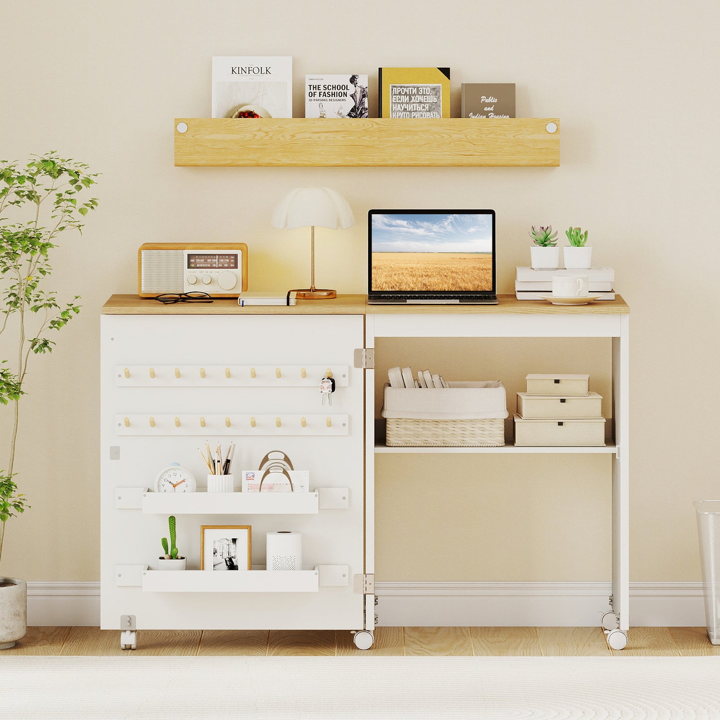 Folding Sewing Table with Storage Shelf and 5 Lockable Wheel-Natural and White