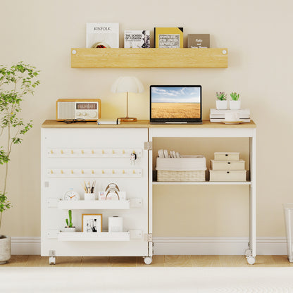 Folding Sewing Table with Storage Shelf and 5 Lockable Wheel-Natural and White