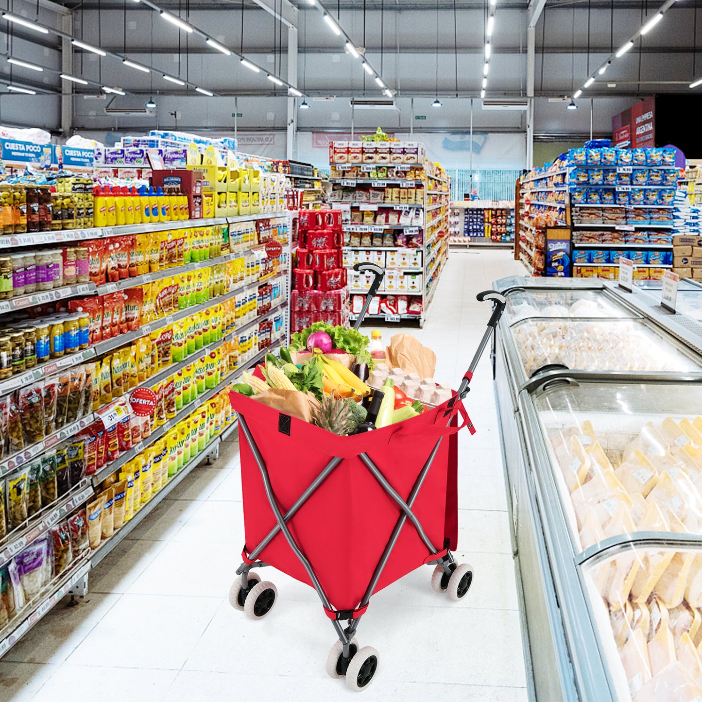 Folding Shopping Utility Cart with Water-Resistant Removable Canvas Bag-Grey