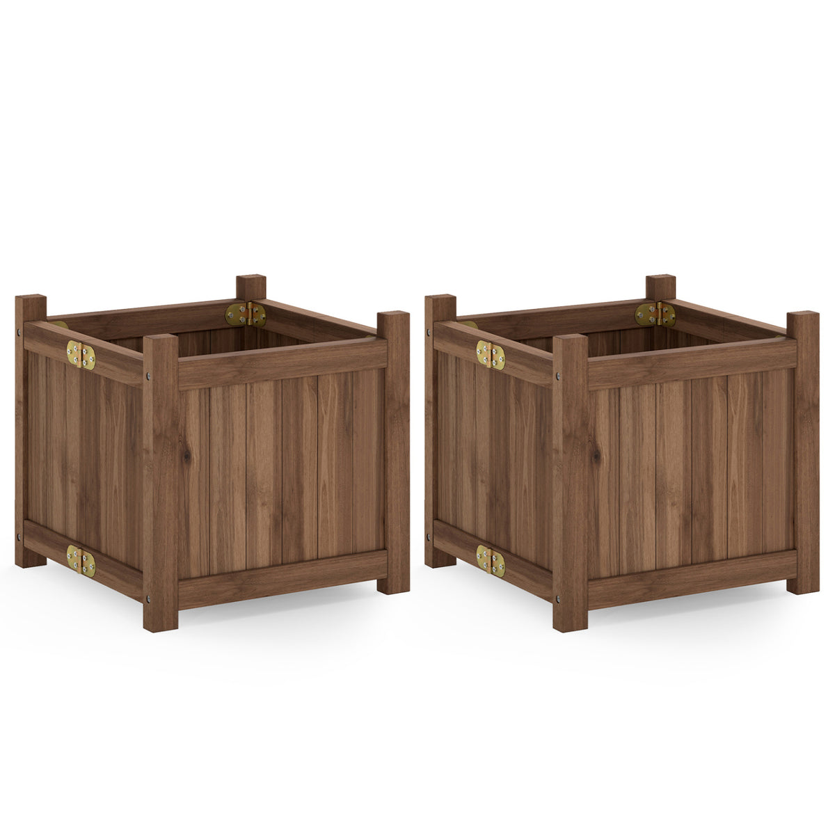 Folding Square Fir Wood Raised Garden Bed with Removable Bottom Set of 2-Brown