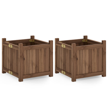 Folding Square Fir Wood Raised Garden Bed with Removable Bottom Set of 2-Brown