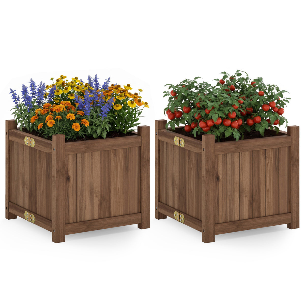 Folding Square Fir Wood Raised Garden Bed with Removable Bottom Set of 2-Brown