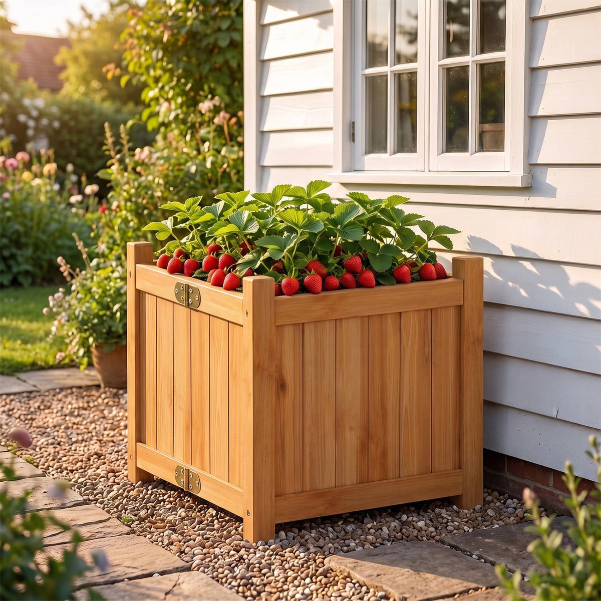 Folding Square Fir Wood Raised Garden Bed with Removable Bottom Set of 2-Brown